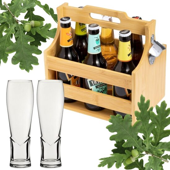 Alus pudeļu kaste ar 2 alus glāzēm.